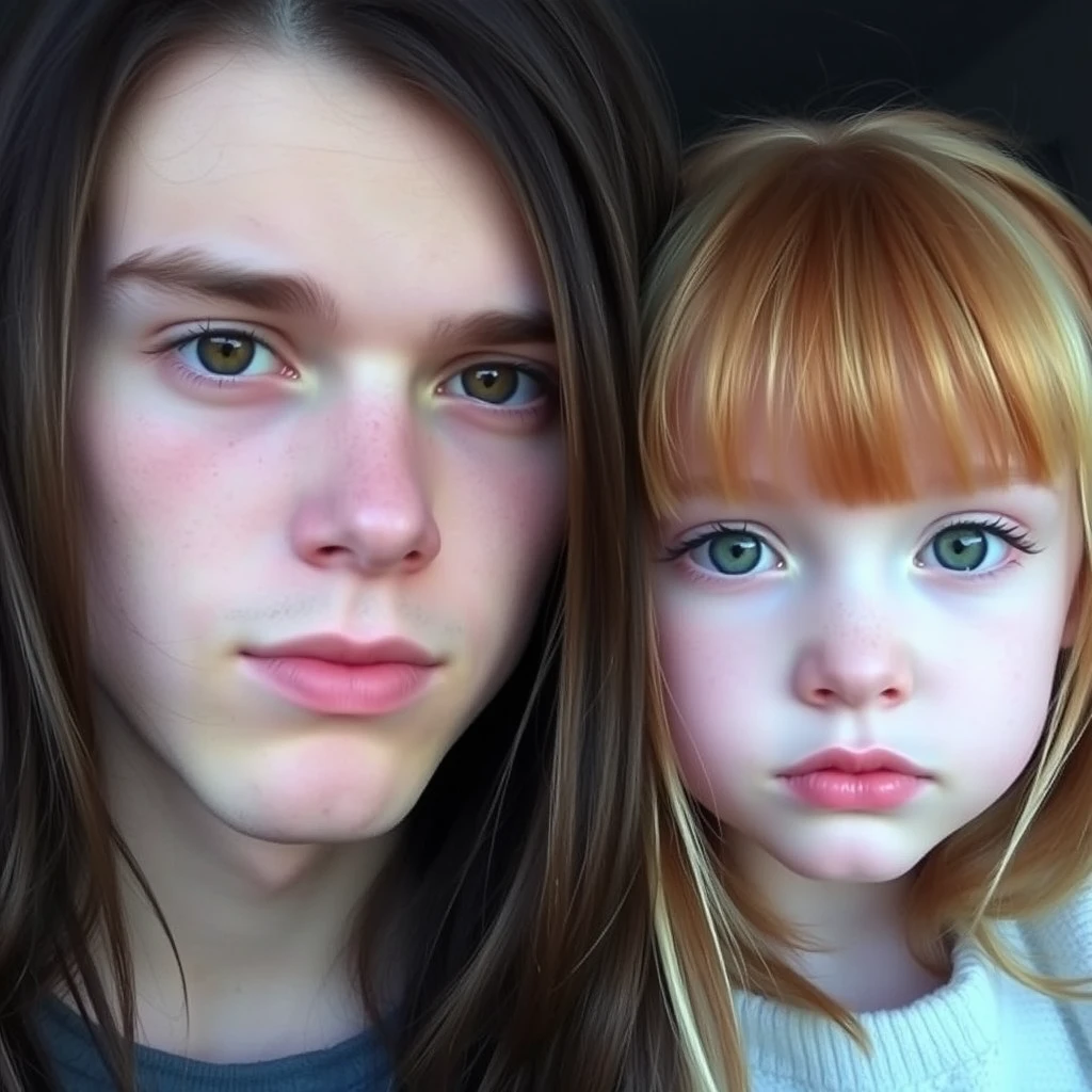 Young guy, long dark brown hair parted in the middle, sharp facial features, pale skin, light brown eyes, thick eyebrows, long eyelashes next to a cute white ginger girl with a turned-up small nose, pink lips, green eyes, and long bangs. - Image