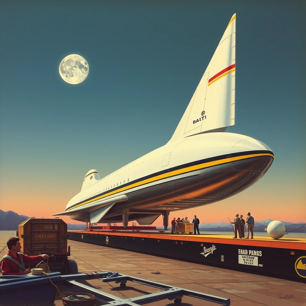 A space liner concept, being loaded, a painting by Syd Mead, sleek, moon setting.