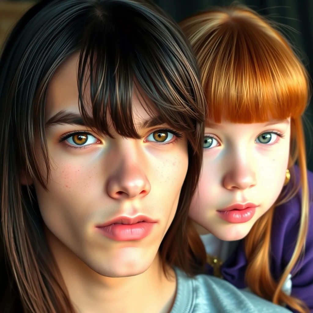 Young guy, long dark brown hair parted in the middle, sharp facial features, pale skin, light brown eyes, thick eyebrows, long eyelashes next to a cute white ginger girl, pink lips, green eyes, with bangs.