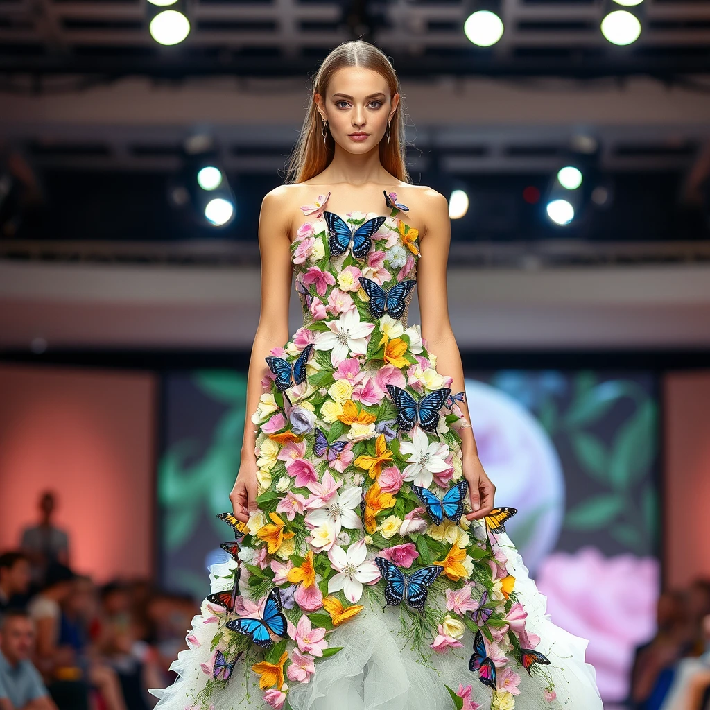 Fashion stage, a beautiful young woman wearing a haute couture dress made of flowers and butterflies.