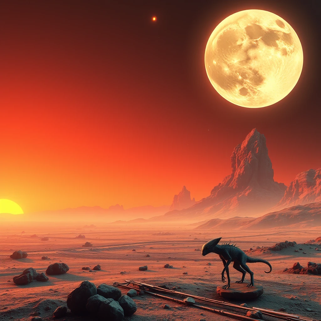 Extremely hot alien planet, large moon in the background, small alien animal in the foreground.