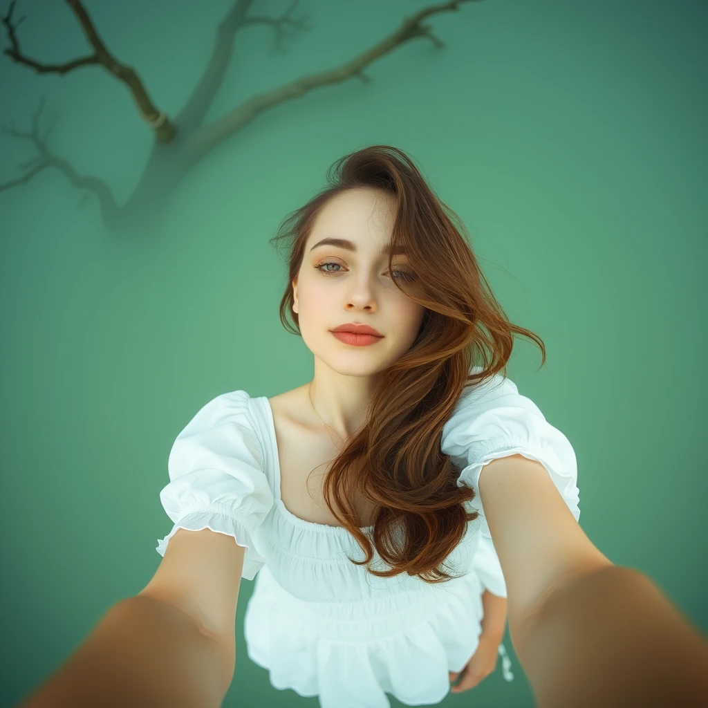 A serene, blissful POV scene of a young woman in a white dress