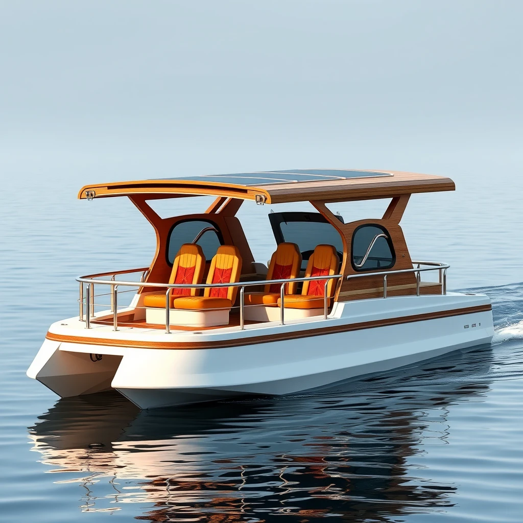 Smart Indian ethnic design of an open hydrodynamic, 5 meter short catamaran boat with 6 seats, equipped with adequate safety rails, situated in a calm lake in Kashmir. The platform is powered by batteries and thruster pods, featuring joystick controls on the dashboard, and carrying a foldable hard roof with solar panels mounted on it.