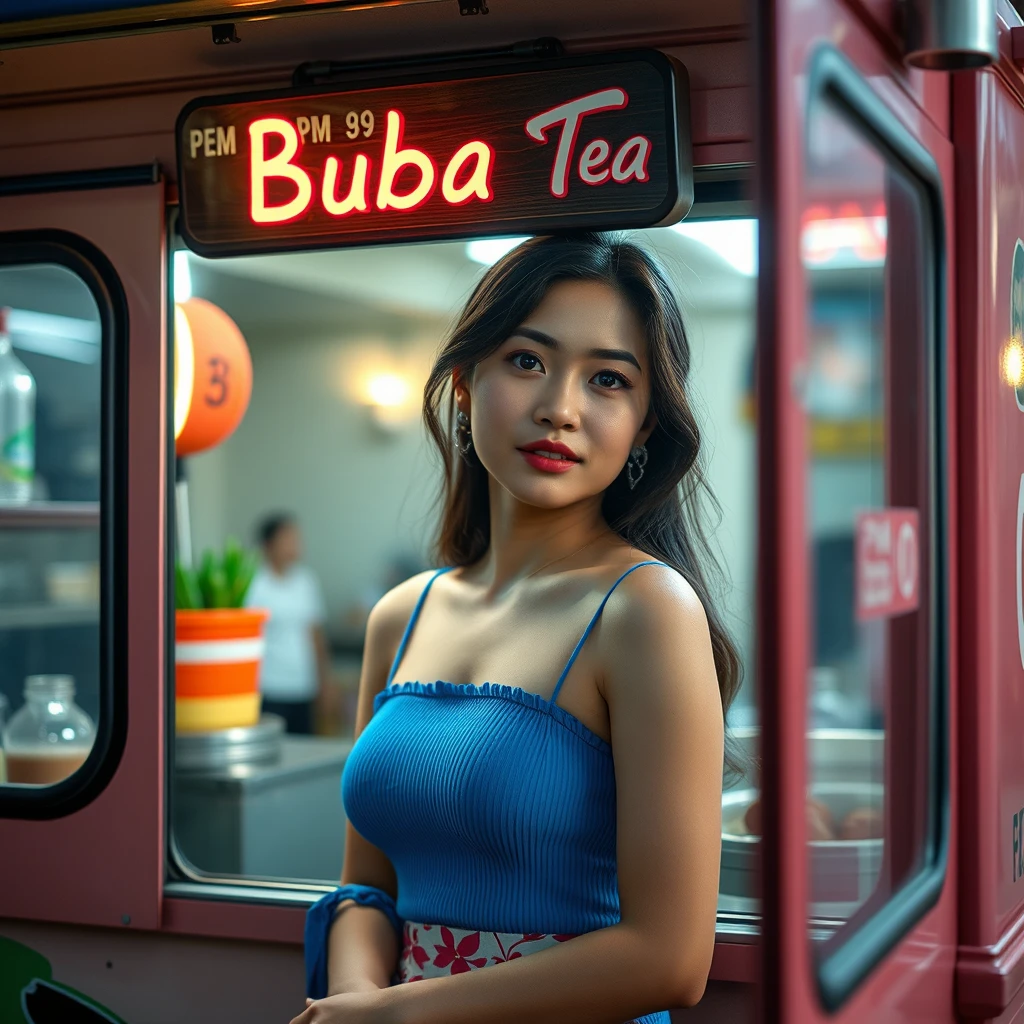 Immerse yourself in the captivating photo of a stunning petite Thai woman standing in an enchanting food truck. On top is a sign that reads "PM 89 Buba Tea." This cinematic photoshoot, meticulously crafted, showcases her beauty with precision. Shot on a 25mm lens, the depth of field and tilt blur create a compelling narrative. With settings like a 1/1000 shutter speed, F/22 aperture, and calibrated white balance, the breathtaking 32k resolution reveals remarkable details. Super-resolution preserves nuances, while Pro Photo RGB enriches colors. Lighting techniques, ranging from half rear to backlighting, accentuate elegance. Volumetric, Conte-Jour, and global illumination add depth. Scattering, reflections, and artistic elements enhance realism. Technical advancements such as anti-aliasing and ambient occlusion refine quality. Prepare for an extraordinary blend of photography and CGI, where intricacy meets grace.