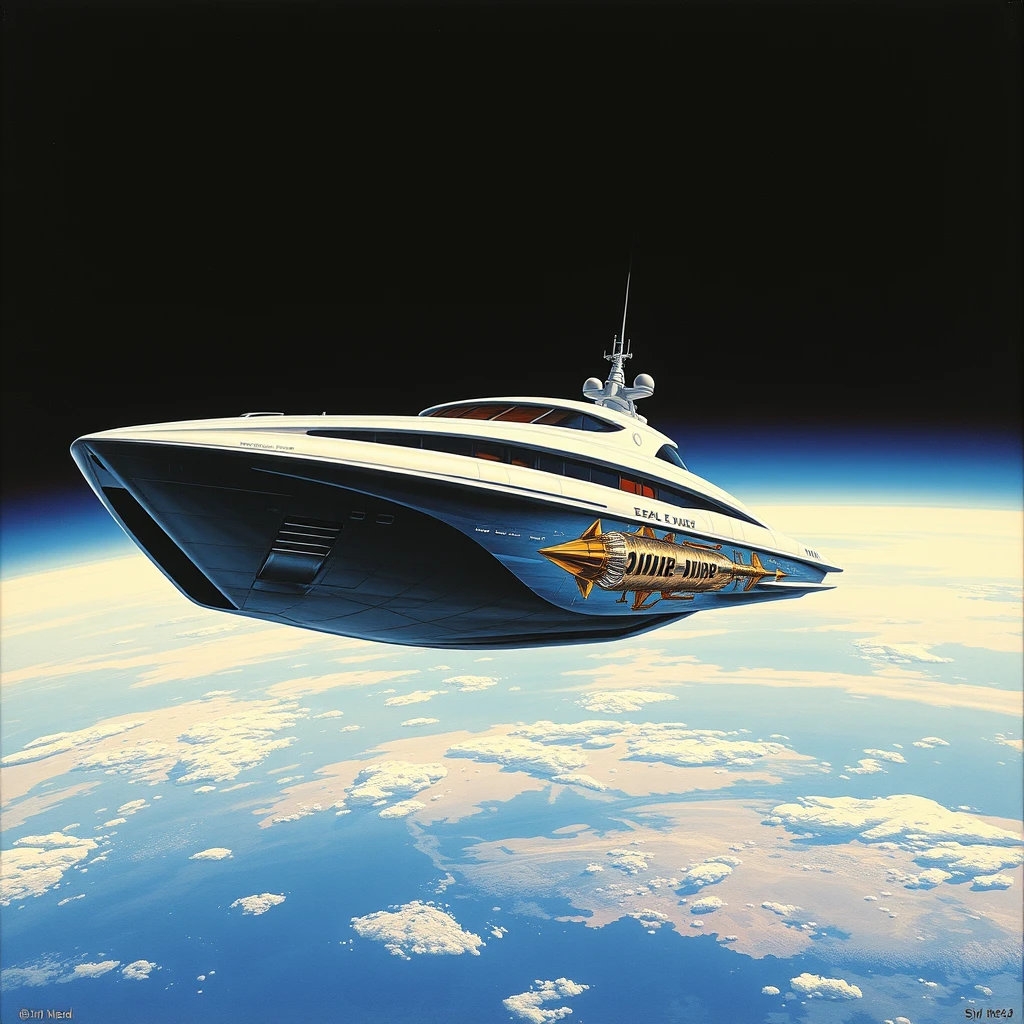 a space-yacht concept, in low earth orbit, a painting by Syd Mead, sleek, futuristic, a full length mural decorates the side.