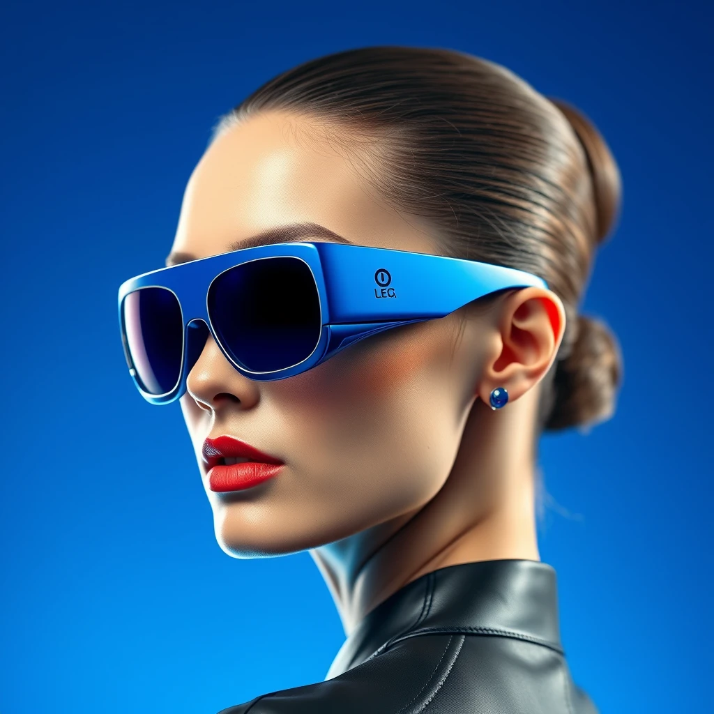 hyper realistic fashion portrait of beautiful woman wearing blue futuristic sunglasses, metallic design with circle on the lens, background is royal blue gradient, hair in low bun, sleek and straight back style, sleek shiny black leather outfit, sleek modern earrings, sleek high ponytail hairstyle, high resolution photography, hyper-realistic - Image