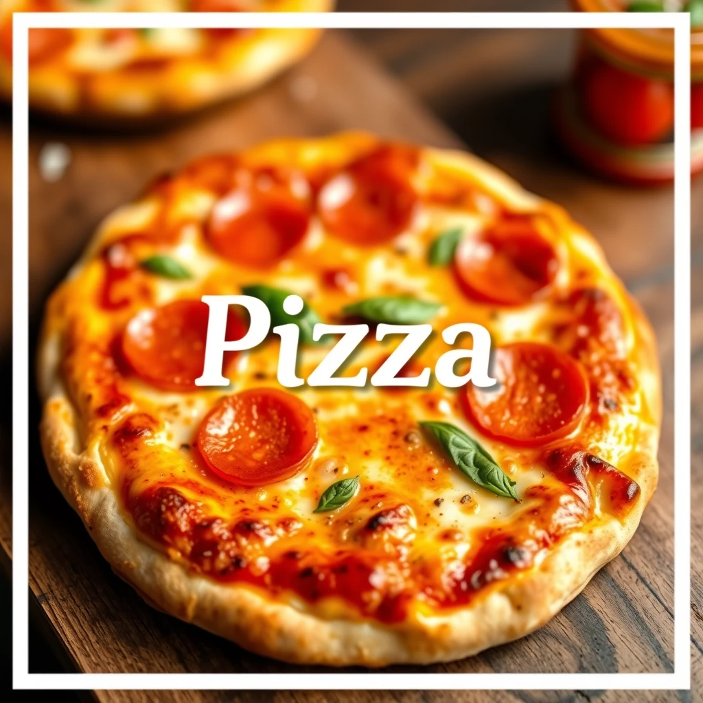 Promotional banner for pizzas showing photorealistic and attractive pizza close-up with the text "Pizza" written in a non-intrusive way. - Image