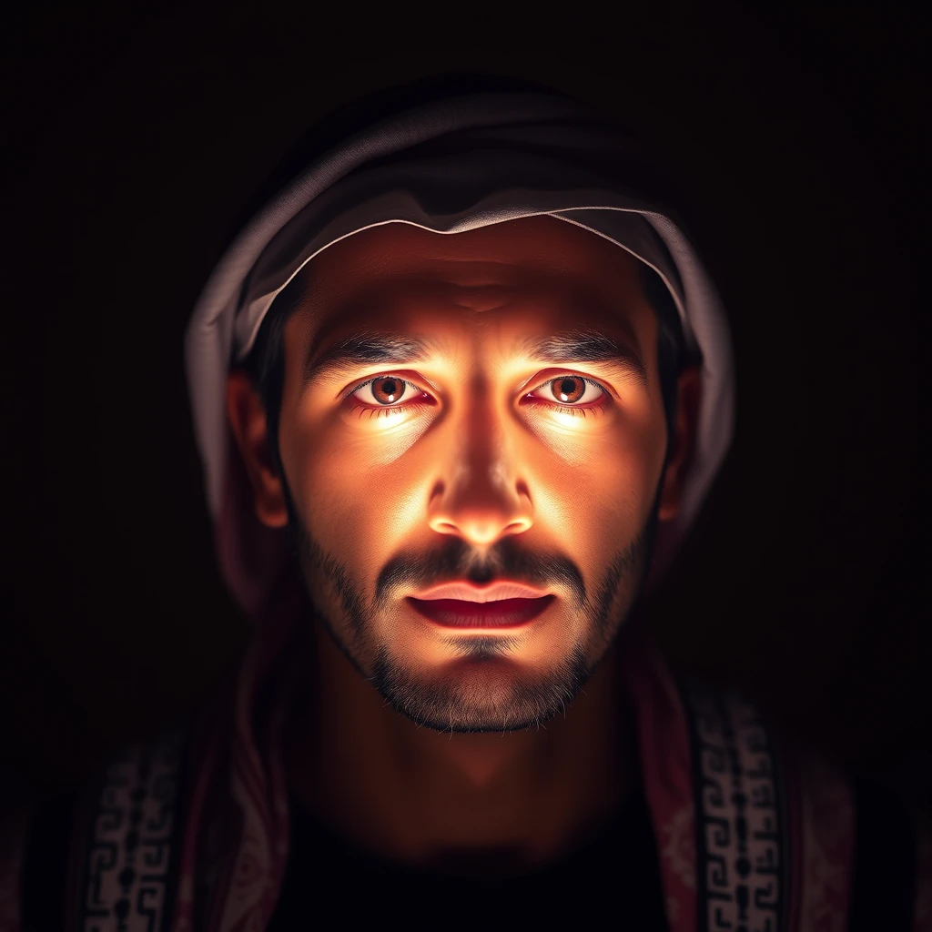 "Create an image of an Arab person with their face illuminated by a very bright, intense light source. The light is so strong that the facial features are obscured and not visible. The background should be subtle to emphasize the brightness of the light. The person's clothing should be traditional, such as a thobe or keffiyeh, but keep the focus on the effect of the light rather than specific details."