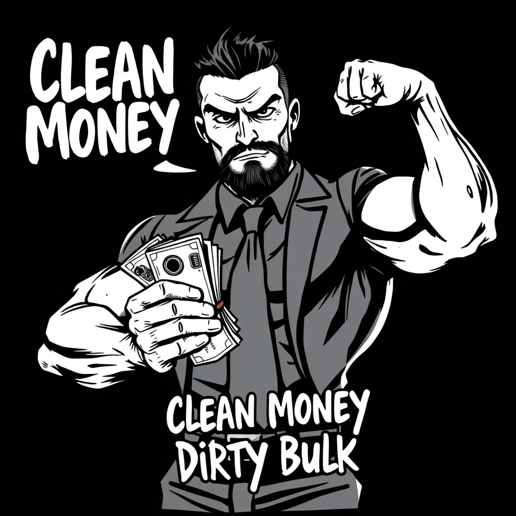 A comic ink black monochromatic style of a muscular business bro flexing while holding a wad of cash. Text says “Clean Money Dirty Bulk.”