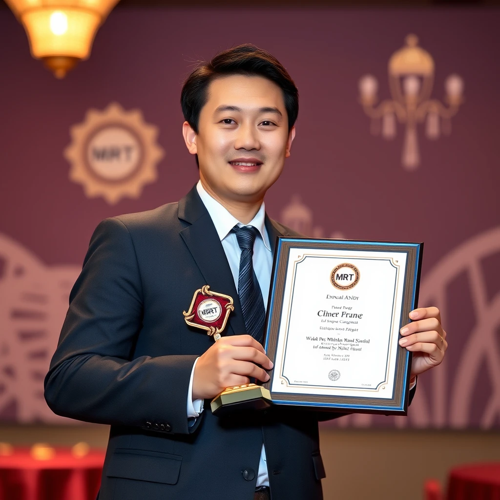 Generate a realistic photo of a Chinese male insurance agent from AIA. 35 years old posing for his portrait photo in an annual award presentation night receiving his MDRT recognition. - Image