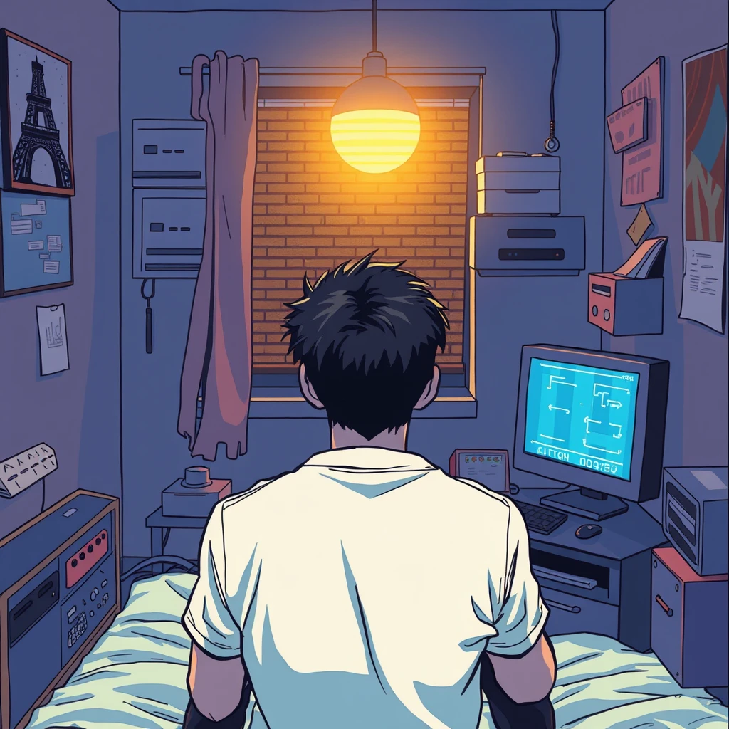 In a small room at night, a young man is facing the computer with his back to the camera, playing a game in a cyberpunk comic style.