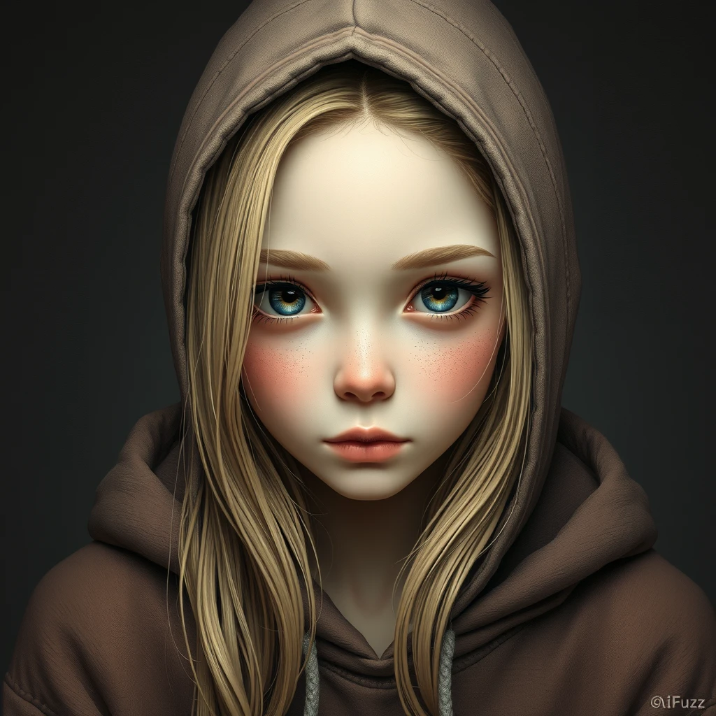 A portrait of a girl with a hoodie that says AiFuzz on it, photo, realistic, ultra detailed, high texture. - Image