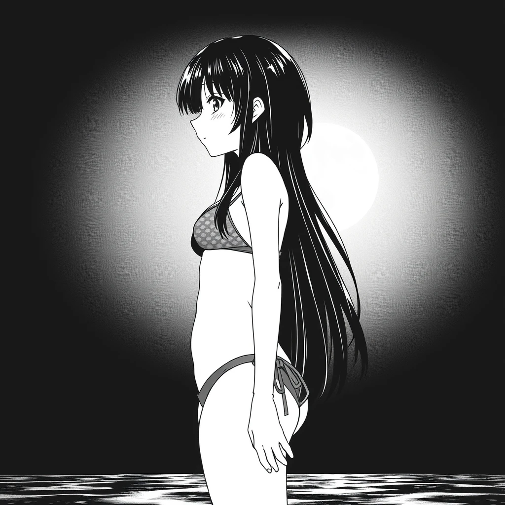 Black-haired girl in a bikini. In the background, a black sky with a big, bright moon. Manga, grayscale.