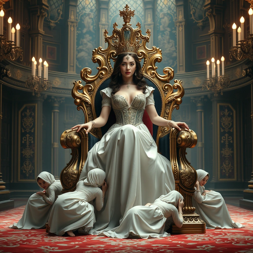 The voluptuous and sexy beautiful queen sits on a luxurious and exquisite throne, which is carried by four palace maids crawling. - Image