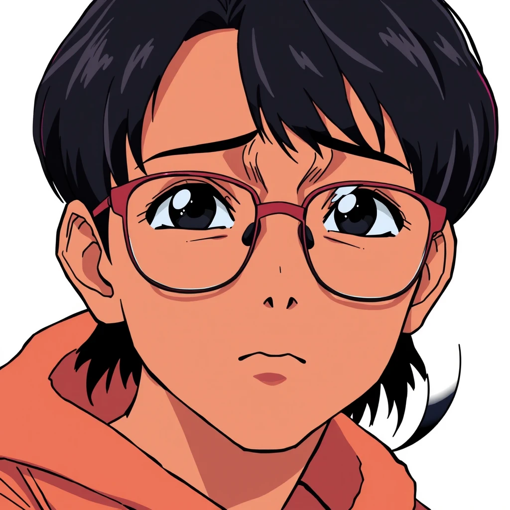 "Make a dark-skinned teenager with glasses looking forward with a tired expression. In a 90s anime style."