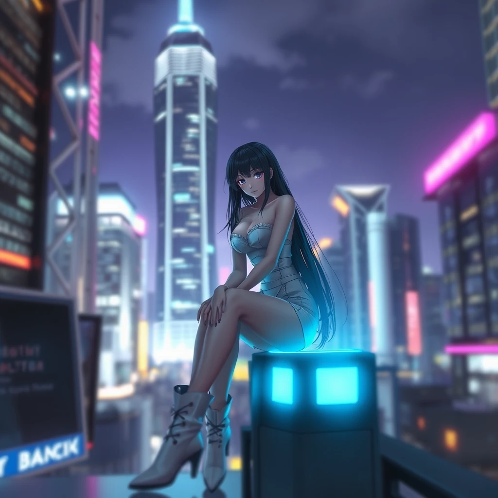 blurry, blurry background, blurry foreground, depth of field, motion blur, 1 girl, cyberpunk, solo, science fiction, city, neon lights, sitting, night, building, strapless, breasts, hologram, skyscraper, boots, long hair, cityscape, thigh-highs, sky, black hair, scenery, white footwear (glow, light pollution:1.5) (solo focus:1.7) - Image