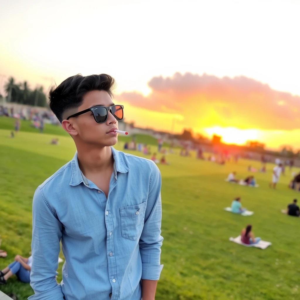 A young man, wearing a light blue denim shirt, stood by a large lawn. He wore a pair of black-framed sunglasses and had a slender build, about 1.75 meters tall and weighing 75 kilograms. He was leaning sideways with a cigarette in one hand, as if he was deep in thought about something. In the background is a sunset like a burning cloud, and many people can be seen sitting in twos and threes on the lawn. The whole atmosphere of the picture is very relaxing and leisurely.