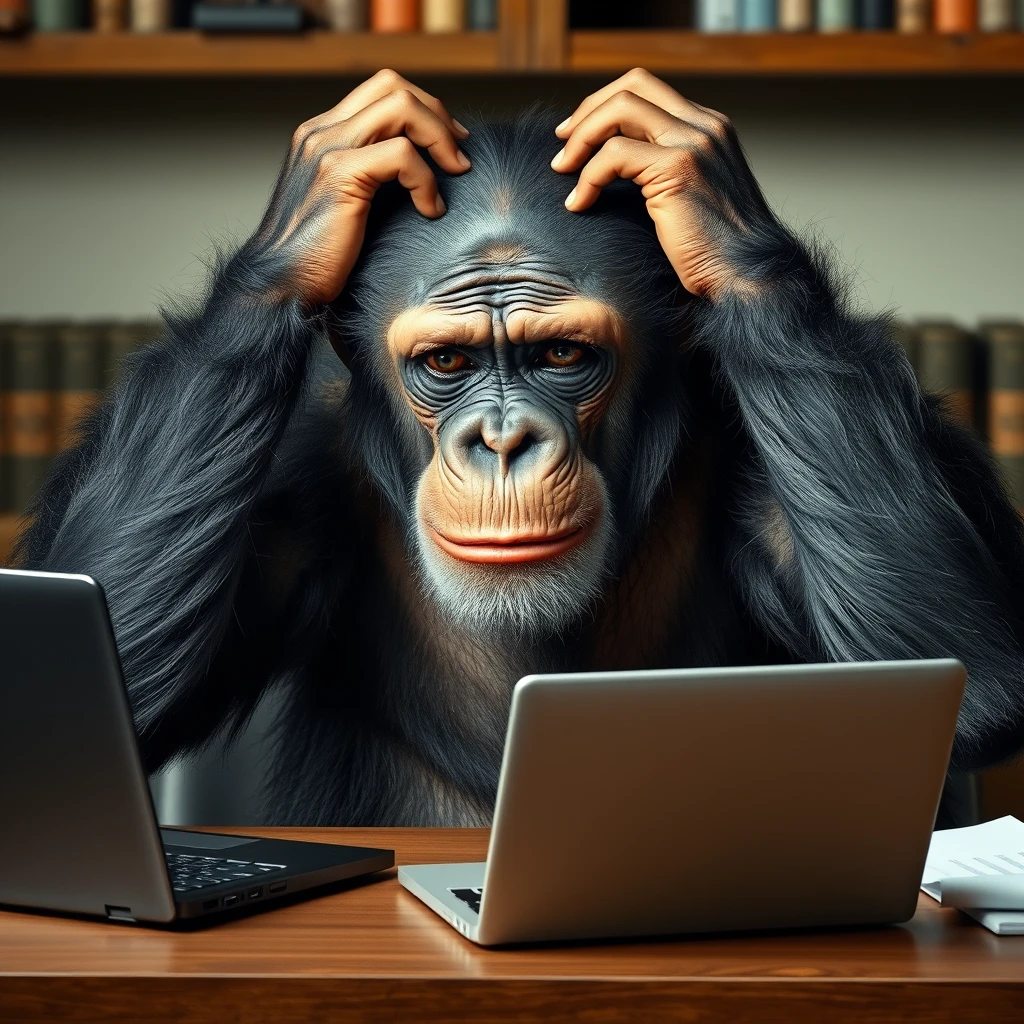 Chimpanzee sitting at a desk with a laptop computer on it. The ape is despondent, crying in despair with his hands held to his head.