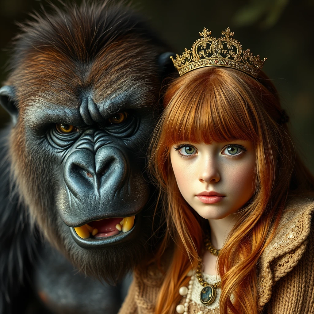 King fierce gorilla next to a cute ginger Russian green-eyed bangs-haired teenage princess in vintage style.