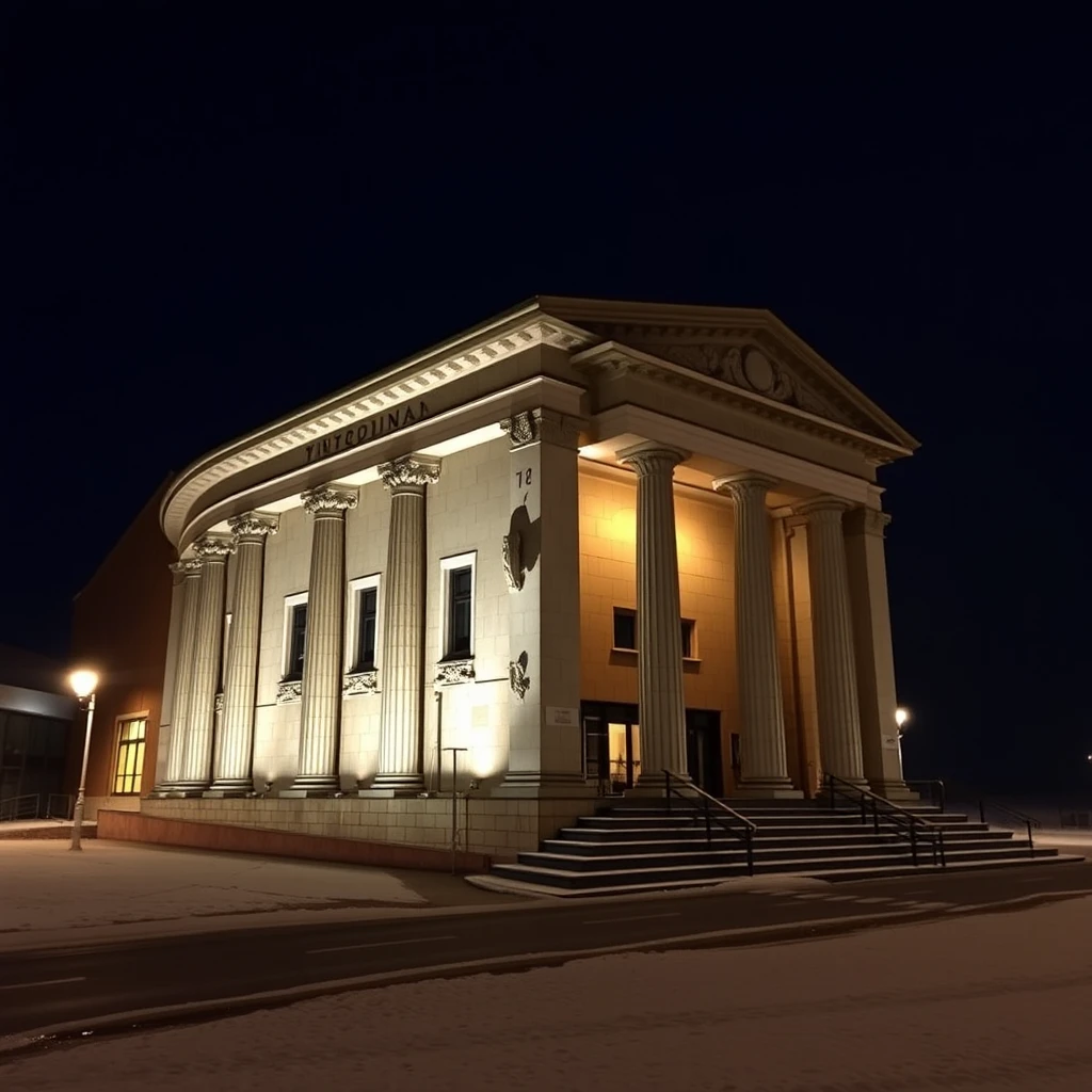 The ancient Greek-looking cinema theatre “Rodina” in Murmansk, Russia.