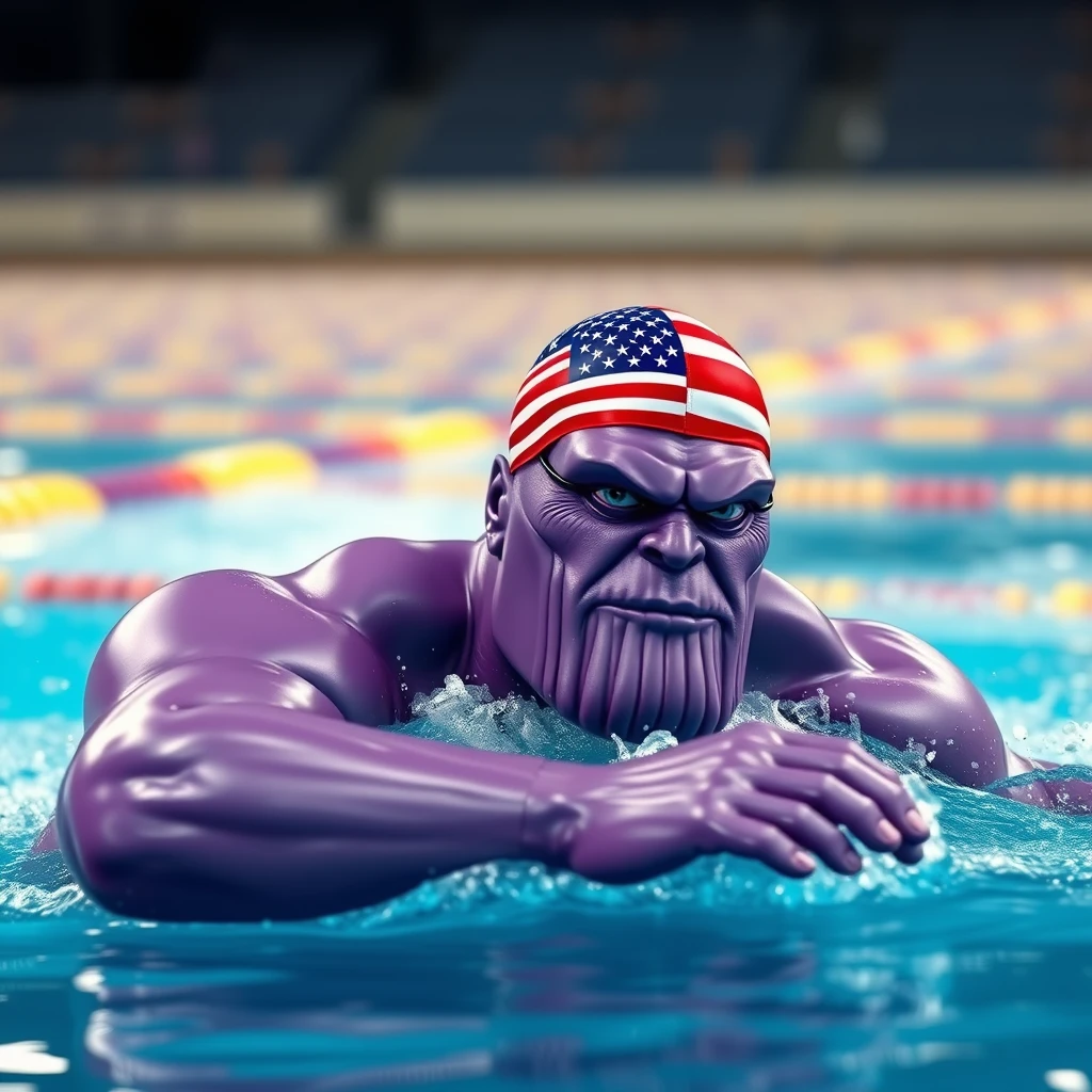 "A purple Thanos swimming in a competition, wearing a swimming cap with the American flag, in a realistic style."