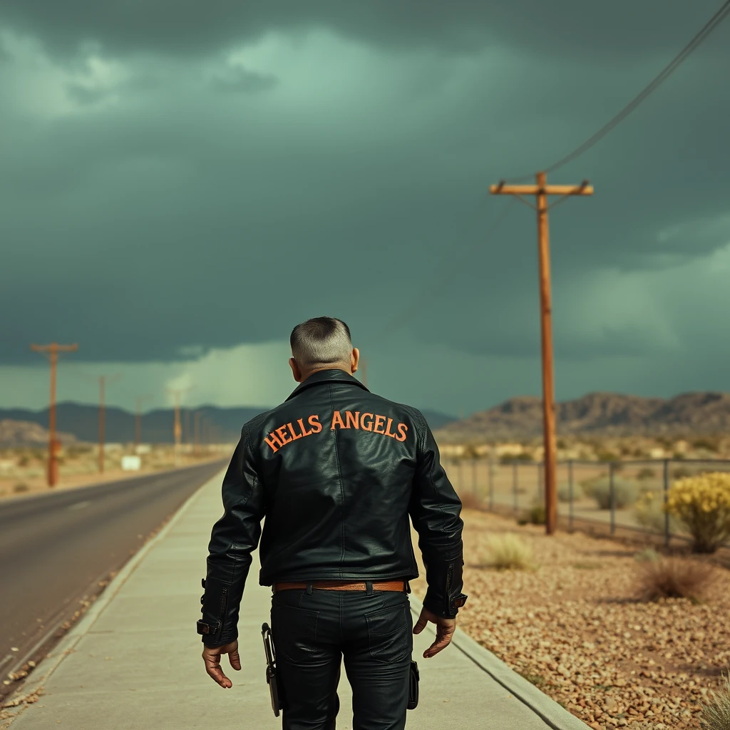 Boris Karloff as Frankenstein the Hells Angels biker walks down the sidewalk, dressed in leather, a storm is coming across the desert, photo-realistic, aggressive, 4k.