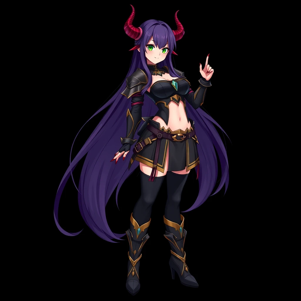 solo, 1 girl, 3D anime style, high quality, very long hair, dark violet hair, green eyes, long red fingernails, demon horns, large hips, black armor with gold trim, standing pose, smooth curves, curvy body, black background, full body, boots - Image