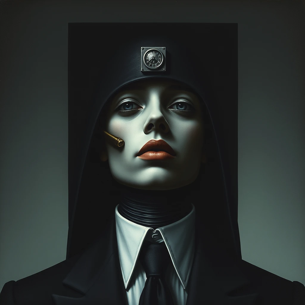 Magritte style dark painting androgynous mechanical human