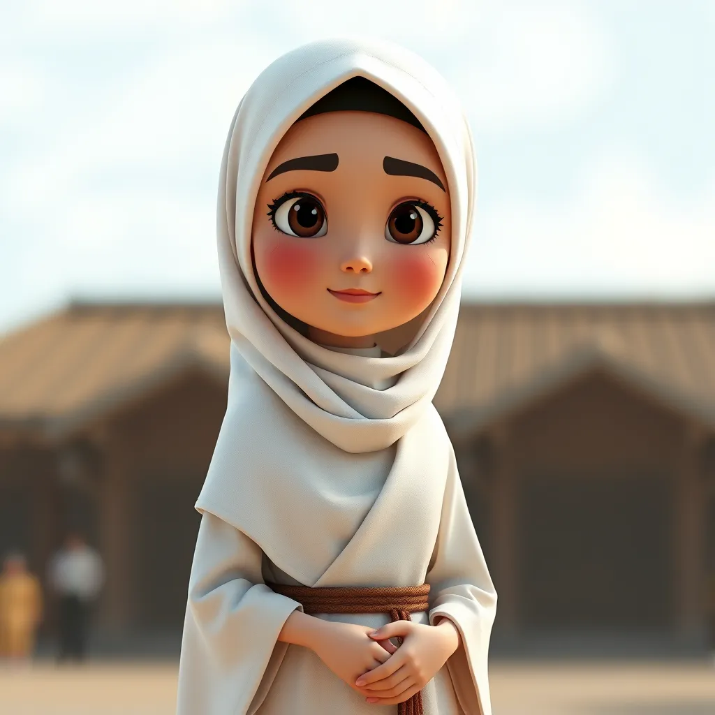 "Create a 3D animated cartoon of a Muslim woman from Palembang wearing a long white gamis. The character should be highly detailed with 8K resolution. Focus on traditional Palembang features and cultural elements."