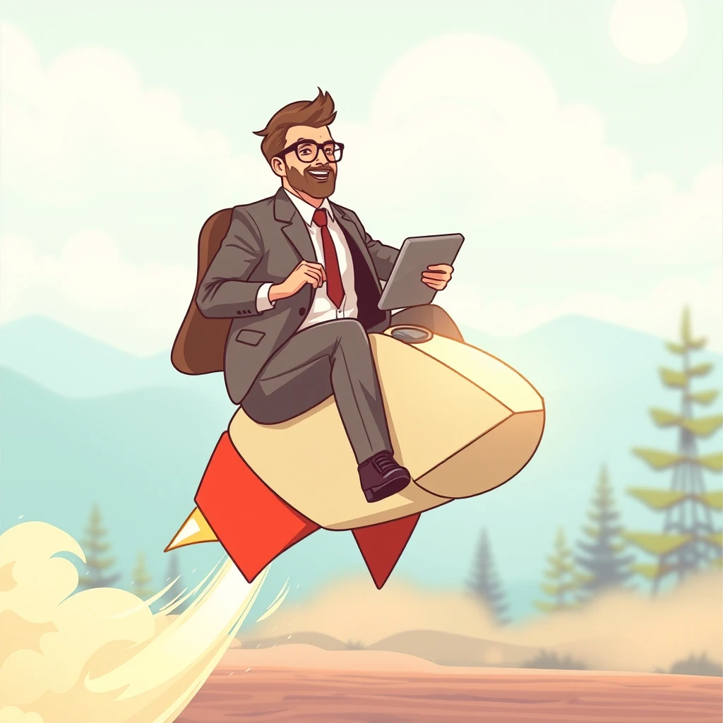 Modern 4k wallpaper of a business bro riding a rocket.