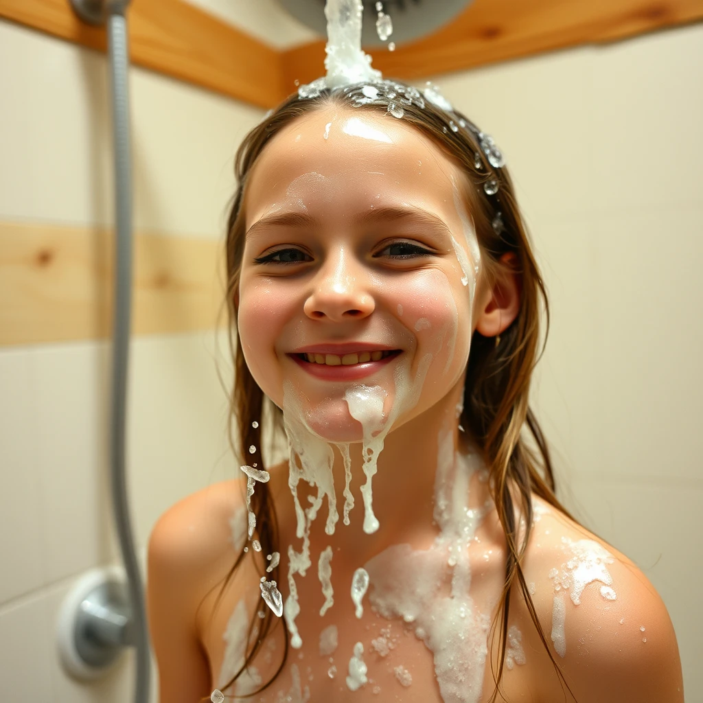 A girl smiles sheepishly in the summer camp shower room after she accidentally spurts translucent shampoo all over her face and hair.