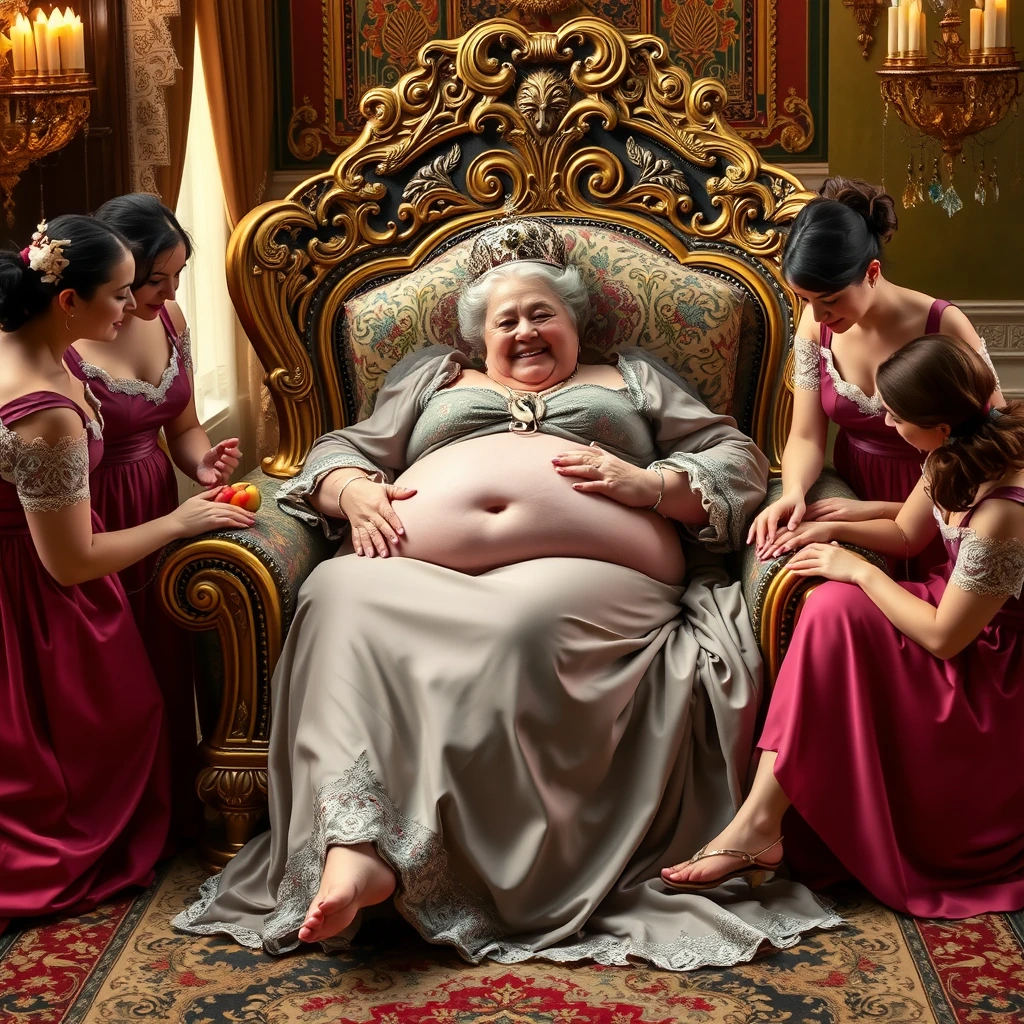 The plump and beautiful queen lies on a luxurious and exquisite lounge chair, while the maidservants are either massaging her large belly, feeding her fruit, doing her nails, or giving her foot massages.