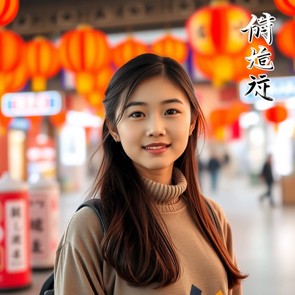 A pretty Asian girl, standing in a Chinese city, with the word "中国" in the right corner. - Image