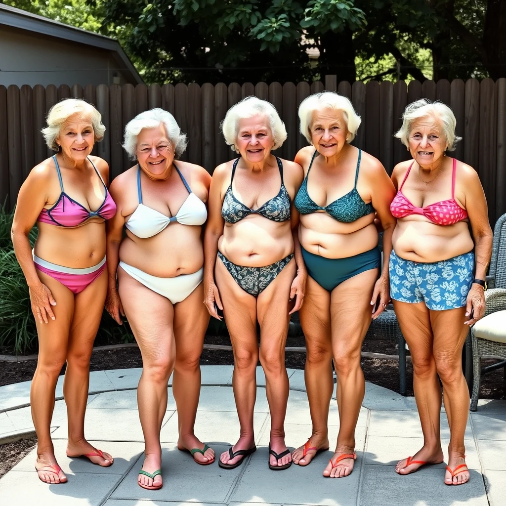 6 women of varying sizes in small bikinis in the backyard aged 88 or older. Tanned and wrinkles on skin.