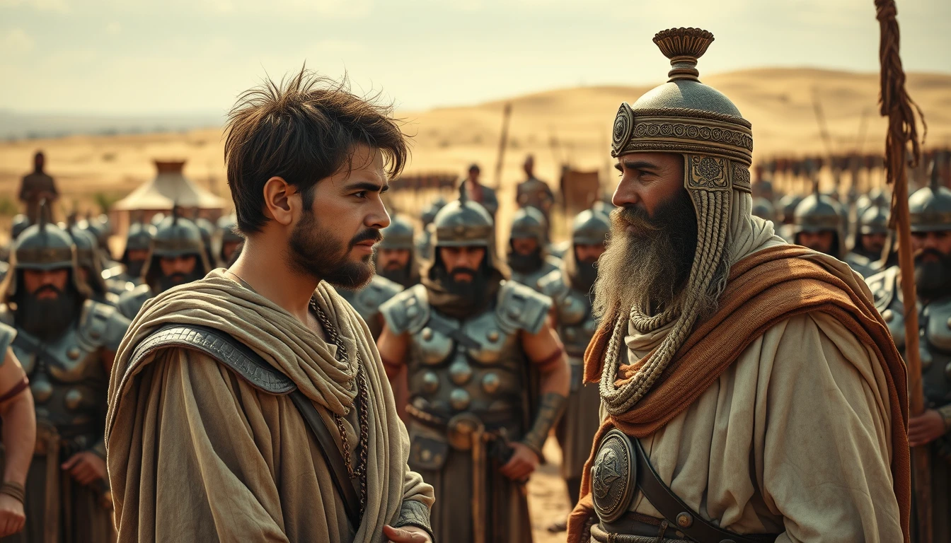 A young man with messy hair and a short beard is arguing with a middle-aged Sumerian king. The young man is dressed in a biblical-era shepherd's attire. Both men are surrounded by a diverse group of men in ancient Sumerian Bronze Age soldier armor. In the background are Arabic tents pitched on a desert shrub land. In the distant horizon stands another army armed and ready to fight. Dramatic lighting. - Image