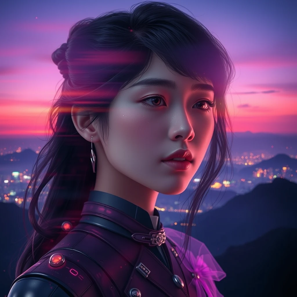 Multiple exposure, the art of Alphonse Mucha, beautiful girl from Taiwan, violet, character design, rendering, biomechanics, science fiction, volumetric lighting, beautiful scenery, detailed face, dramatic colors.