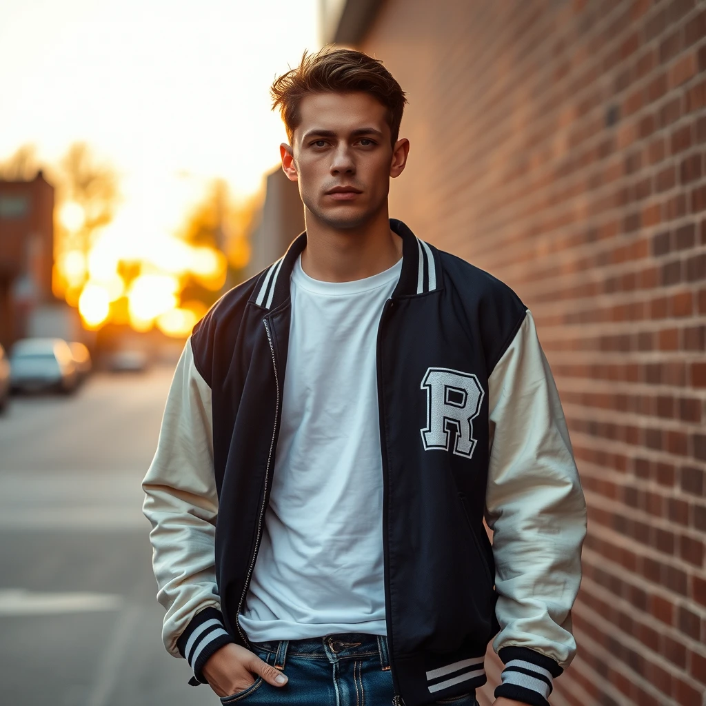 Freddie Prinze head and body shot, handsome, young, serious face, white t-shirt, college jacket, jeans, sneakers, hyper-realistic, street photography, brick wall, full body photography, sunrise. - Image