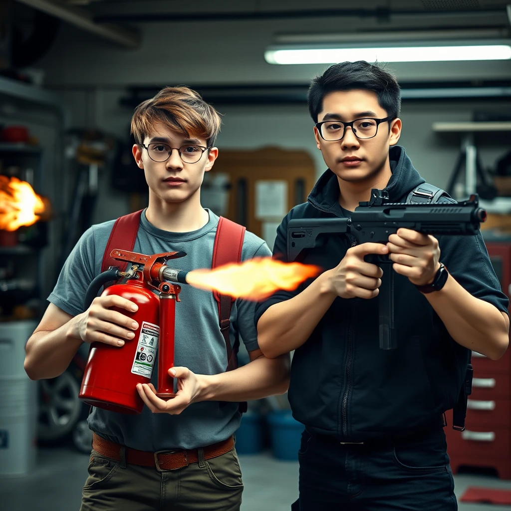 A 21-year-old very pale Italian man with round glasses and brown short hair is holding a very large fire extinguisher flamethrower, while a 21-year-old white Northern Chinese man with square glasses and mid/long fringe black hair is holding a Glock, in a garage setting. - Image