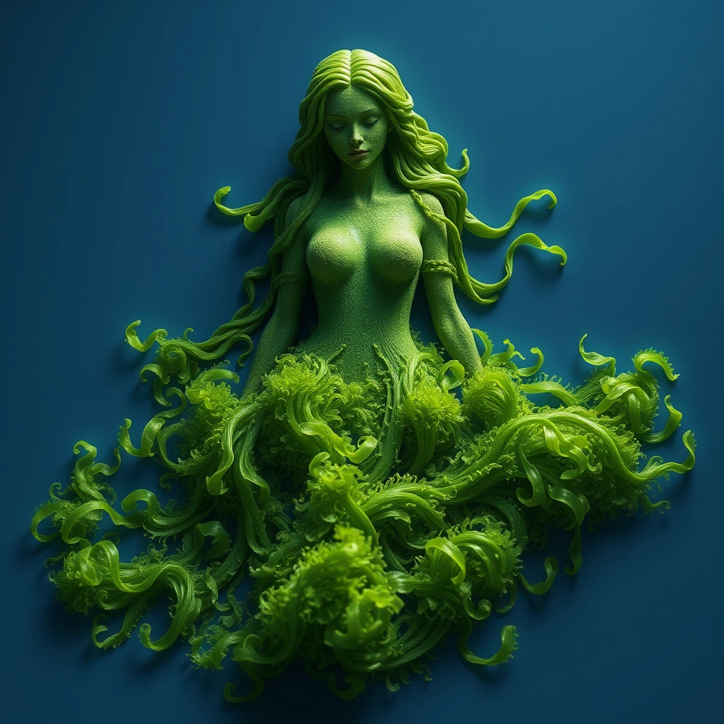 realistic green seaweed in the shape of a human woman