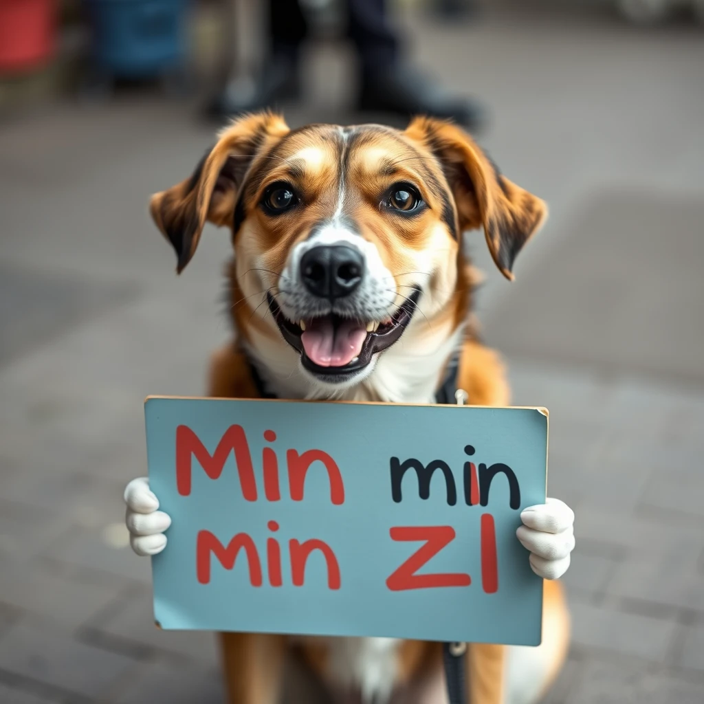 

a dog holding a sign that says min min zi