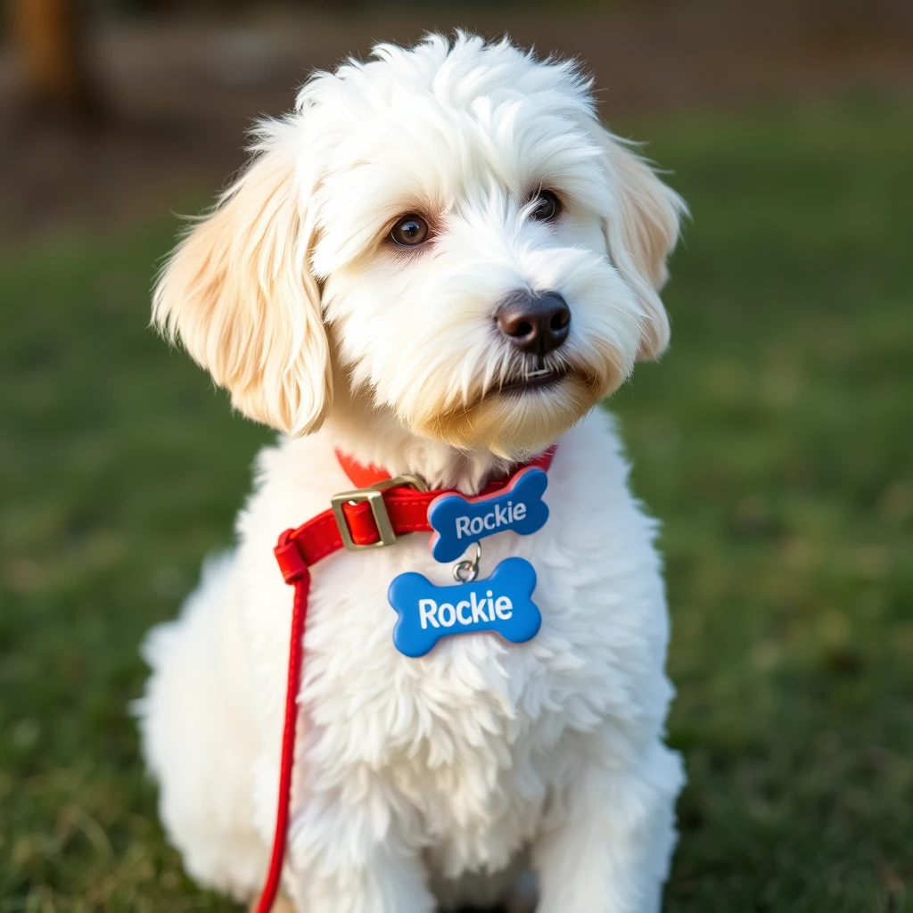 a white goldendoodle, boy, 35lb, name Rockie, blue bone shaped name tag on red collars