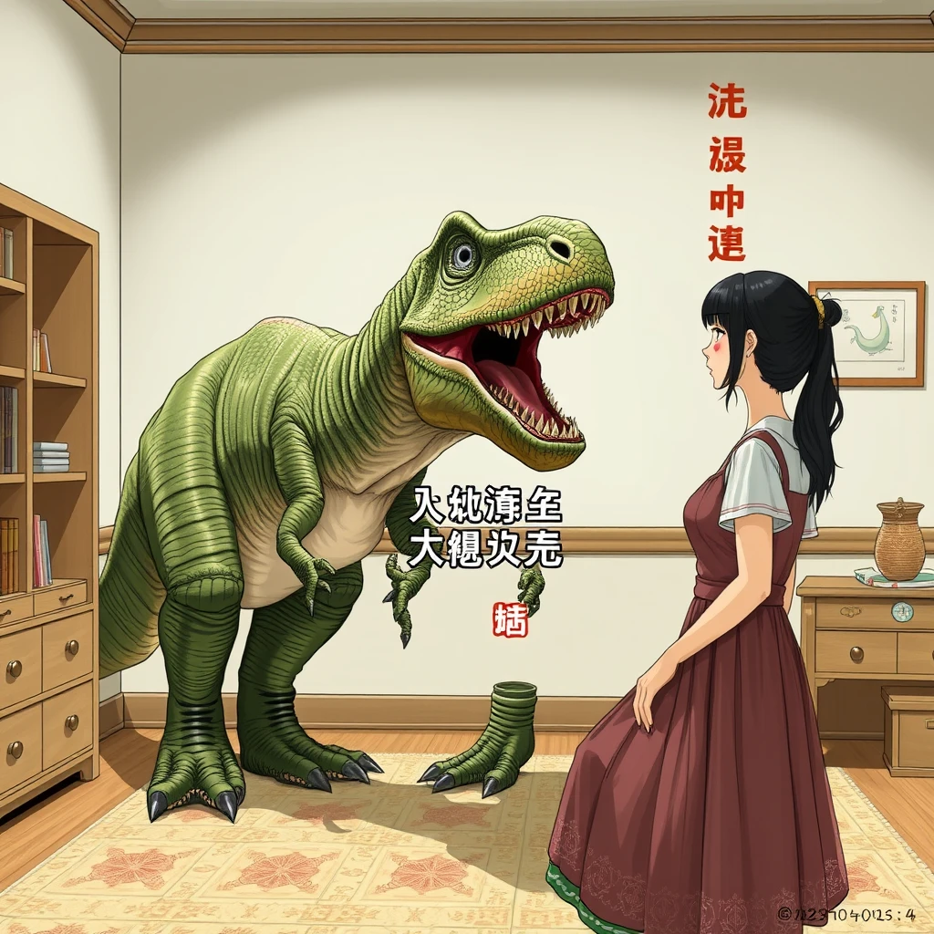 In the room, there is a dinosaur and a woman, with Chinese characters or Japanese. - Image