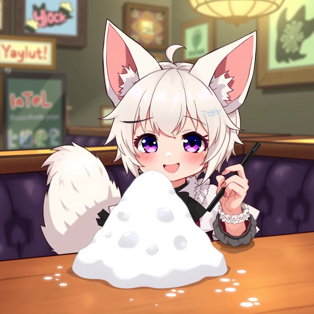 A cute anime girl with fluffy fennec ears and a fluffy tail, white messy short hair, and purple eyes is wearing a goth outfit while sitting at a table in a bar. On the table is a small mountain of snow. The girl looks at the snow with a big smile and has a straight straw in her right hand.