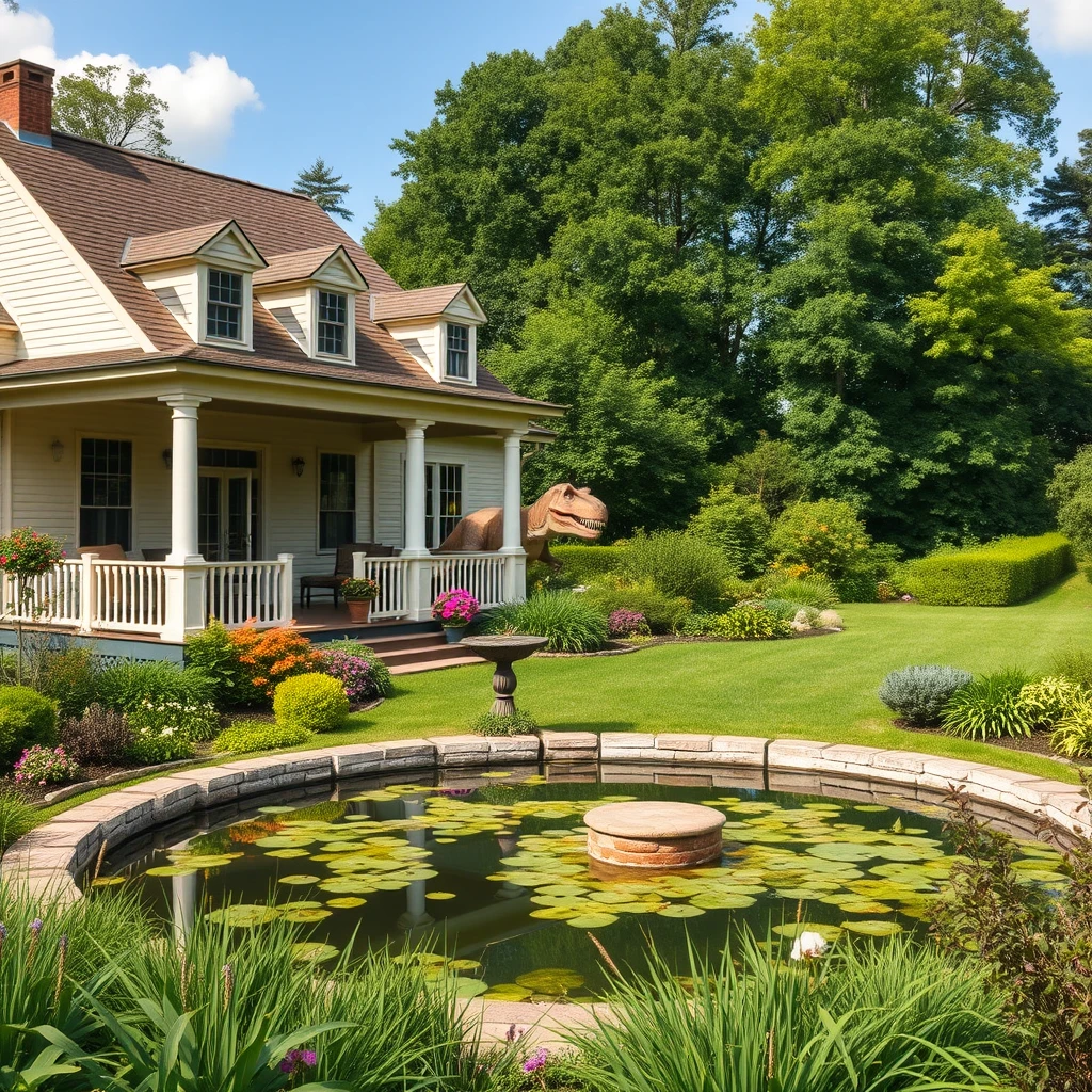 'A house in a large garden with a veranda and lots of plants. A pond can be seen in front, and trees behind. A T-rex can be seen through the trees.' - Image