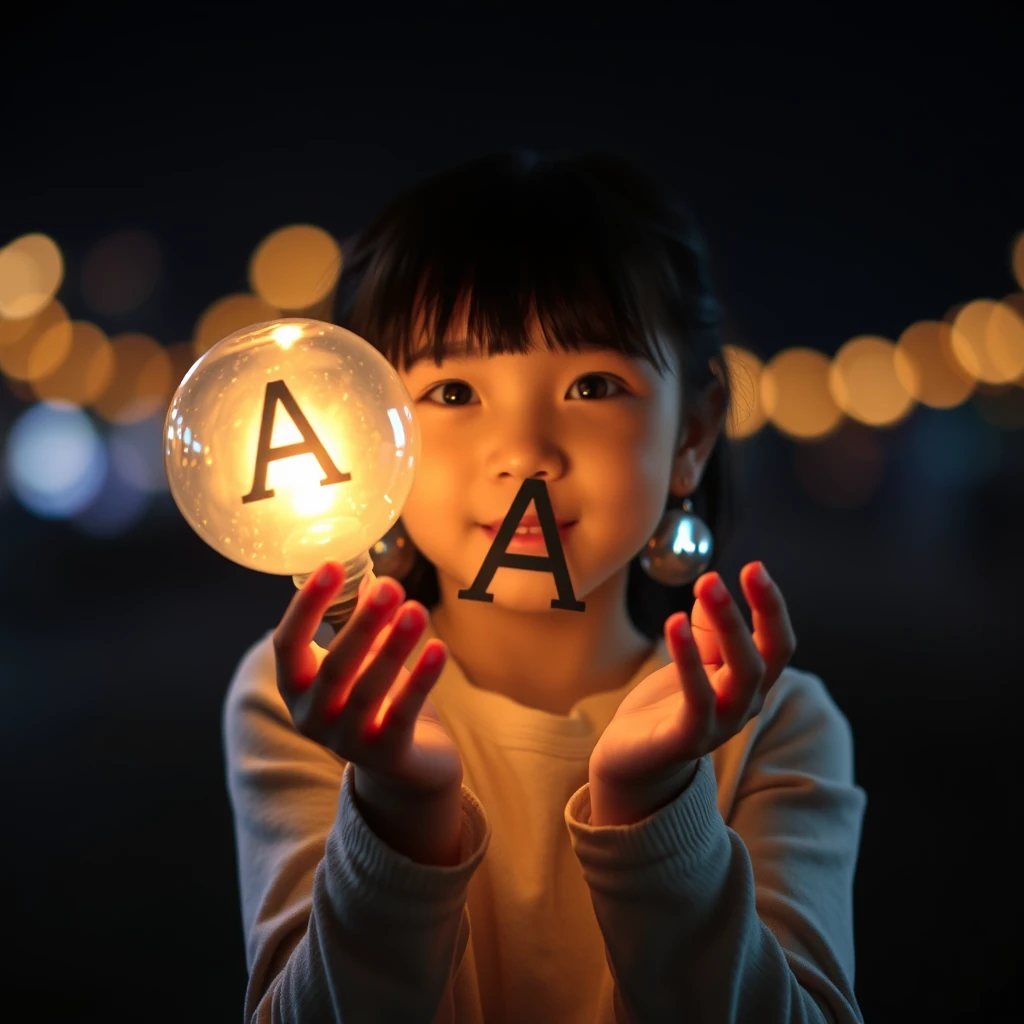 An Asian girl holds a ball of light with the letter A in it.