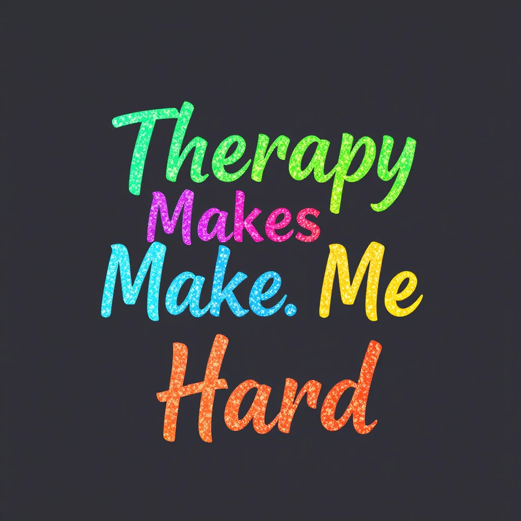 T-shirt design of fantastic vibrant glittery with an iridescent effect but ethereal text that says "Therapy Makes Me Hard" with each word a different vibrant color.