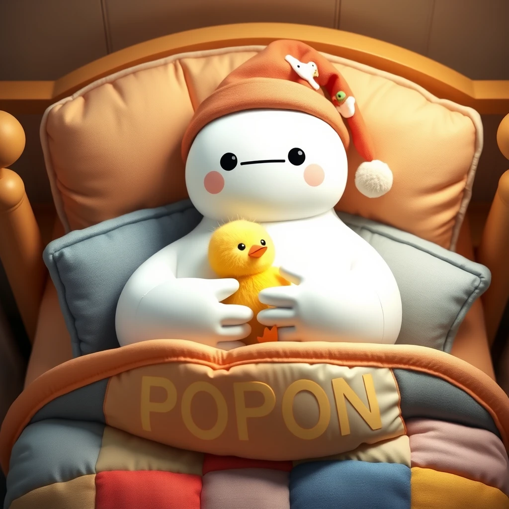 Baymax with a colored night cap, holding a cute yellow kawaii hatchling in the cutest kawaii bed in the world with the word POPON sewn on the patchworked padding. - Image