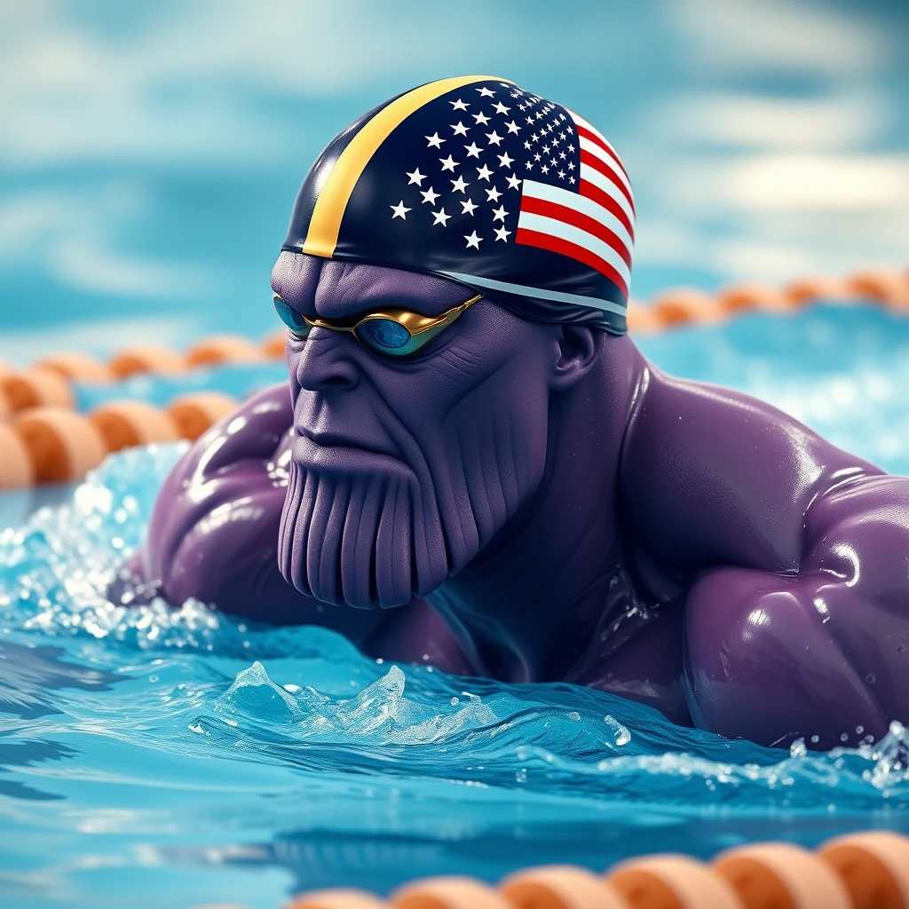 "A purple Thanos swimming in a competition, wearing a swimming cap with the American flag, in a realistic style." - Image