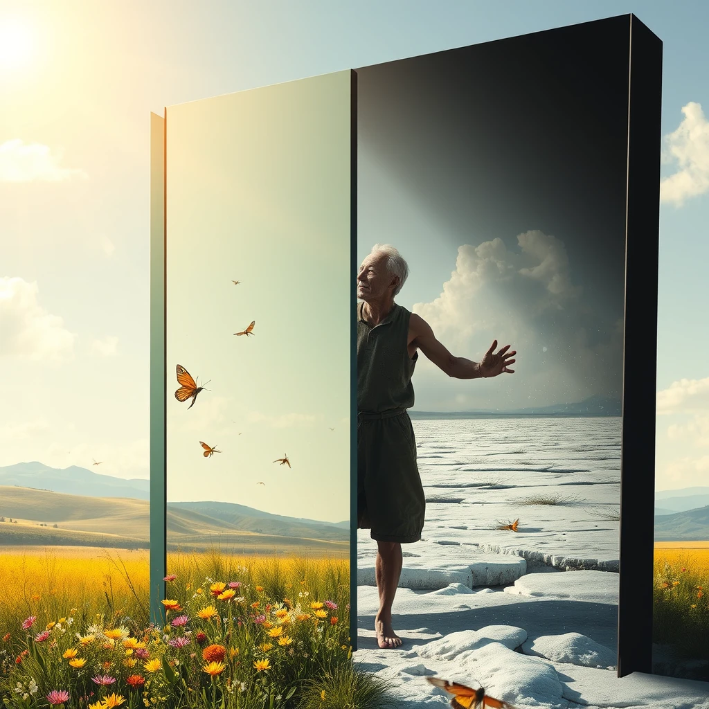 There is a huge transparent mirror, divided into two worlds: the inner and the outer.

The world outside the mirror (the bright world):
Colors: Dominated by green, yellow, and gold, creating a vibrant spring atmosphere.
Elements: A lush prairie, with clusters of flowers, colorful butterflies and bees fluttering around. In the distance, rolling hills and a light blue sky, with a few white clouds lazily drifting by. Golden sunlight shines upon the earth.

The world inside the mirror (the dark world):
Colors: Primarily gray and white, creating a cold, gloomy winter atmosphere.
Elements: A depiction of a barren land covered in ice and snow, with snowflakes dancing in the air and the ground blanketed in deep snow. A frail middle-aged man stands within the mirror, his clothing thin, his frame weak, his arms pounding against the mirror. He gazes longingly at the world outside, revealing a yearning for light and a sense of despair.

Details and atmosphere:
Light and shadow contrast: Enhance the contrast between the two worlds to make the imagery more vivid and powerful. - Image