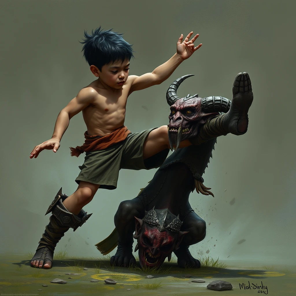 A boy is kicking a defeated orc head, dominating with humiliation.